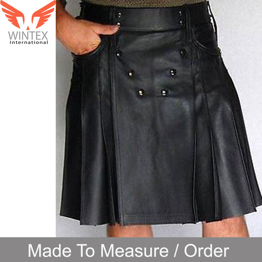 Men’s Real Club Wear Black Leather Kilt With Side Waist Laces For Fitting