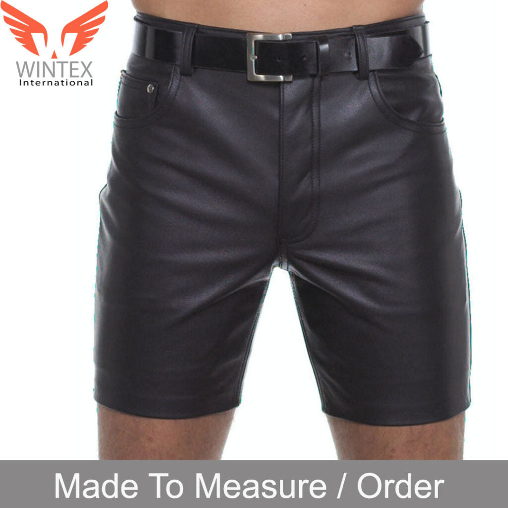 Men’s Real Cowhide Leather 5 Pockets Shorts Slim Fit Leather Shorts