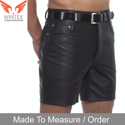 Men’s Real Cowhide Leather 5 Pockets Shorts Slim Fit Leather Shorts
