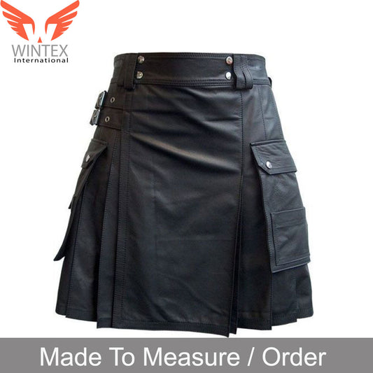 Men’s Real Leather Utility Kilt Clubwear Kilt With Cargo Pockets