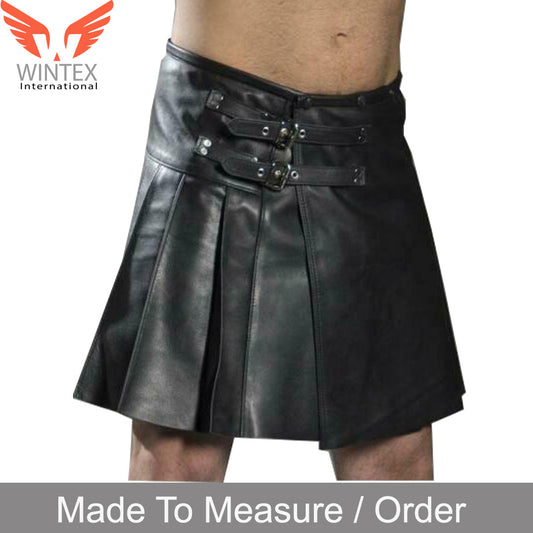 Men’s Real Cowhide Leather Pleated Kilt Clubwear Leather Kilt
