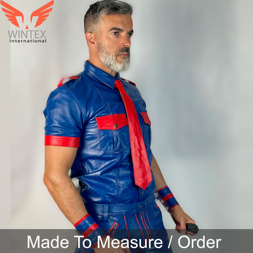 Men’s Real Cowhide Leather Police Shirt in With Red Contrast Piping BLUF Short Sleeves Shirt+ FREE WRISTBANDS