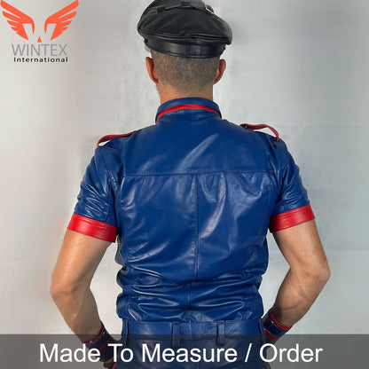 Men’s Real Cowhide Leather Police Shirt in With Red Contrast Piping BLUF Short Sleeves Shirt+ FREE WRISTBANDS