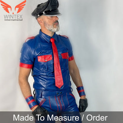 Men’s Real Cowhide Leather Police Shirt in With Red Contrast Piping BLUF Short Sleeves Shirt+ FREE WRISTBANDS