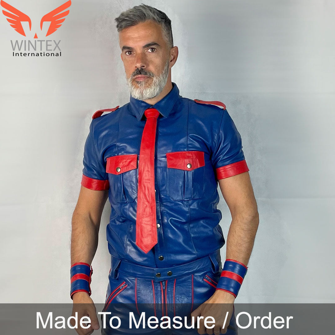 Men’s Real Cowhide Leather Police Shirt in With Red Contrast Piping BLUF Short Sleeves Shirt+ FREE WRISTBANDS