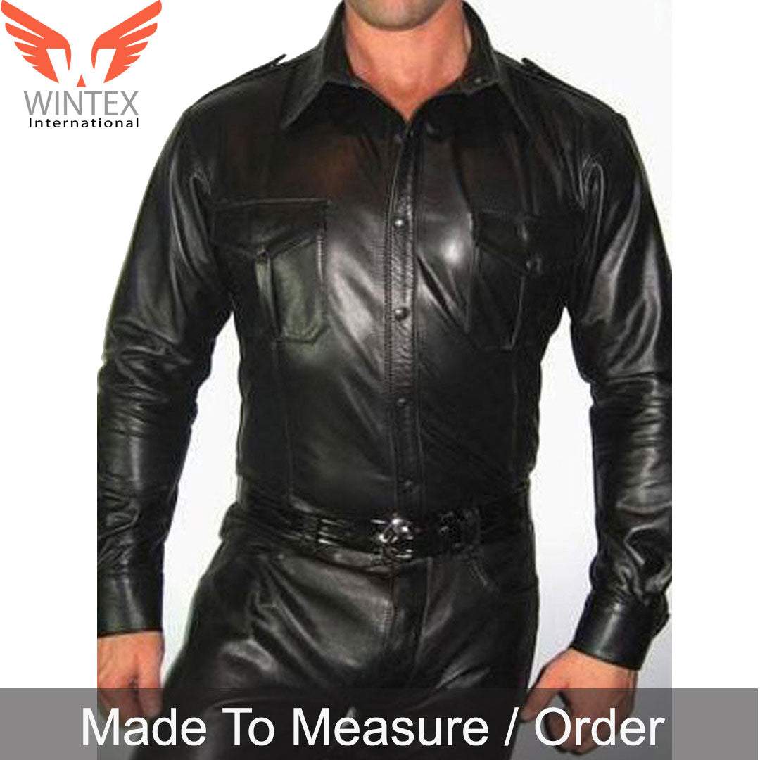 Men’s Real Lamb Leather Police Shirt Long Sleeves Leather BLUF Shirt