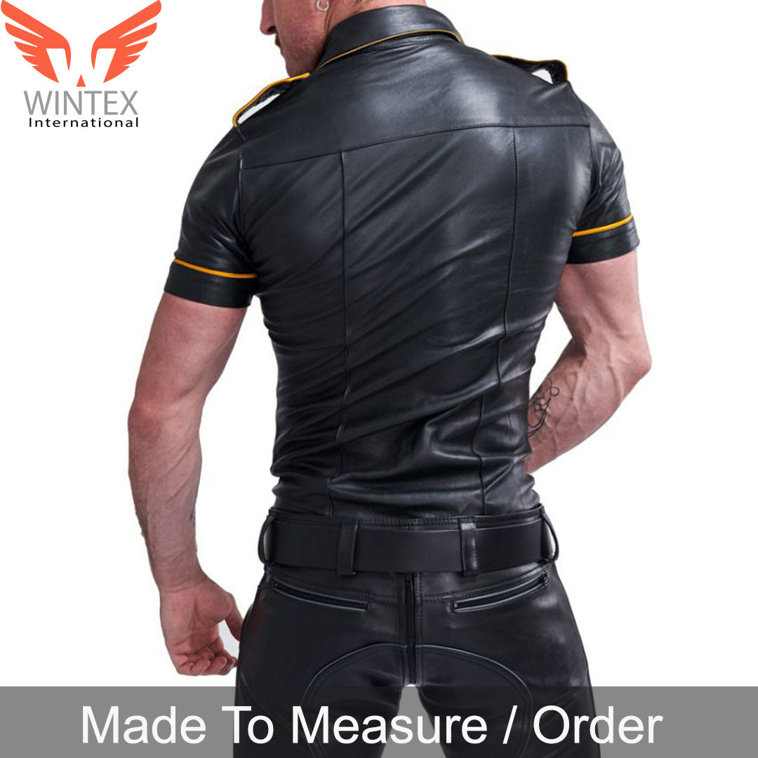 Men’s Real Lamb Leather Police Uniform Short Sleeves Shirt with Yellow Piping