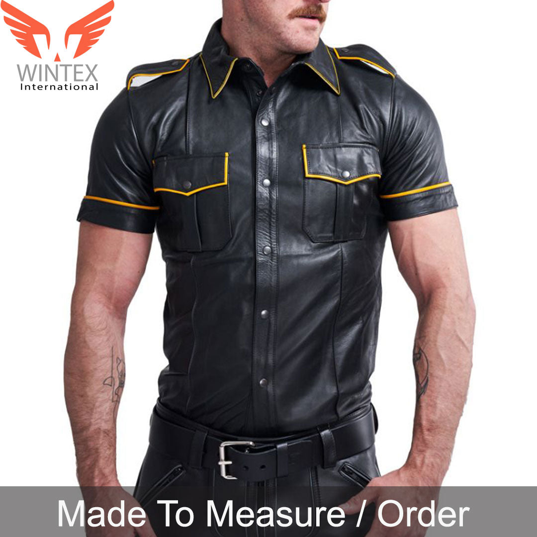 Men’s Real Lamb Leather Police Uniform Short Sleeves Shirt with Yellow Piping