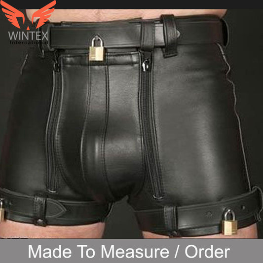 MEN’S REAL LEATHER RESTRAINTS CHASTITY SHORTS WITH FREE PADLOCKS BLUF SHORTS