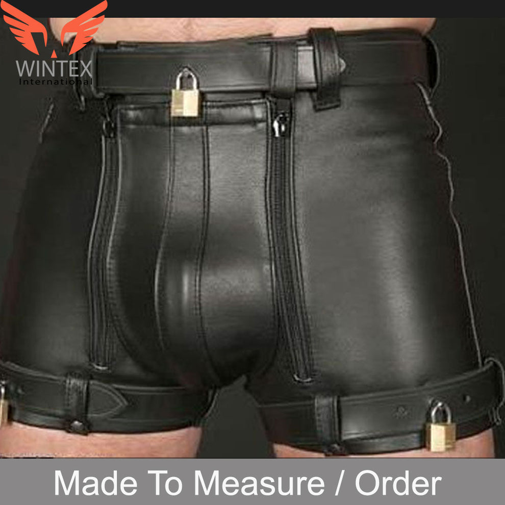 MEN’S REAL LEATHER RESTRAINTS CHASTITY SHORTS WITH FREE PADLOCKS BLUF ...