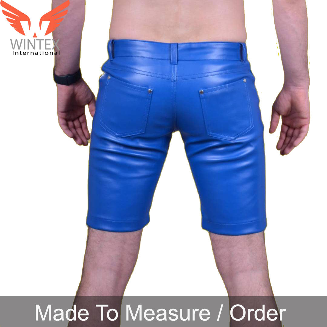 Men’s Real Lamb Leather Shorts 5 Pockets Slim Fit Shorts in Blue Color
