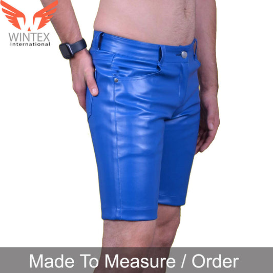 Men’s Real Lamb Leather Shorts 5 Pockets Slim Fit Shorts in Blue Color