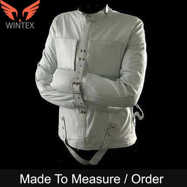Mens Strait Jacket White Leather Bondage Fetish With Choice Of Lining - SJ - WHT