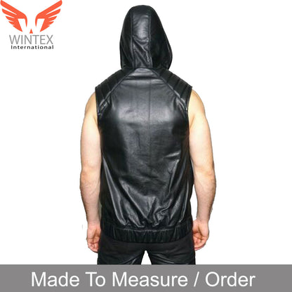 Men’s Real Leather Vest With Hood Quilted Panels Leather Sleeveless Hoodie