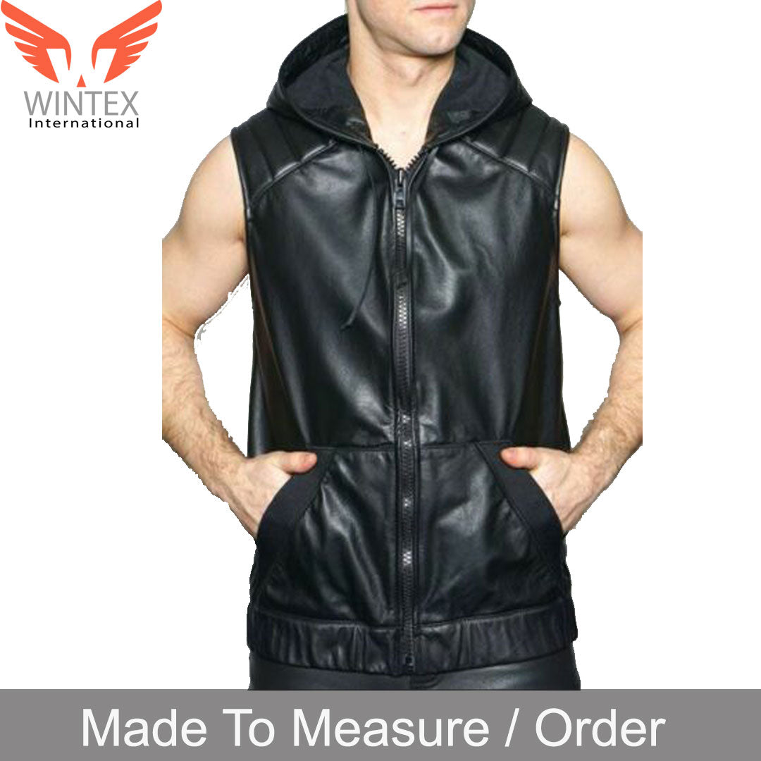 Men’s Real Leather Vest With Hood Quilted Panels Leather Sleeveless Hoodie