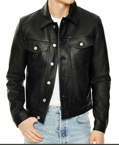 Men's Real Lamb Leather Levi's Style Jacket Trucker Jacket Bikers Jacket