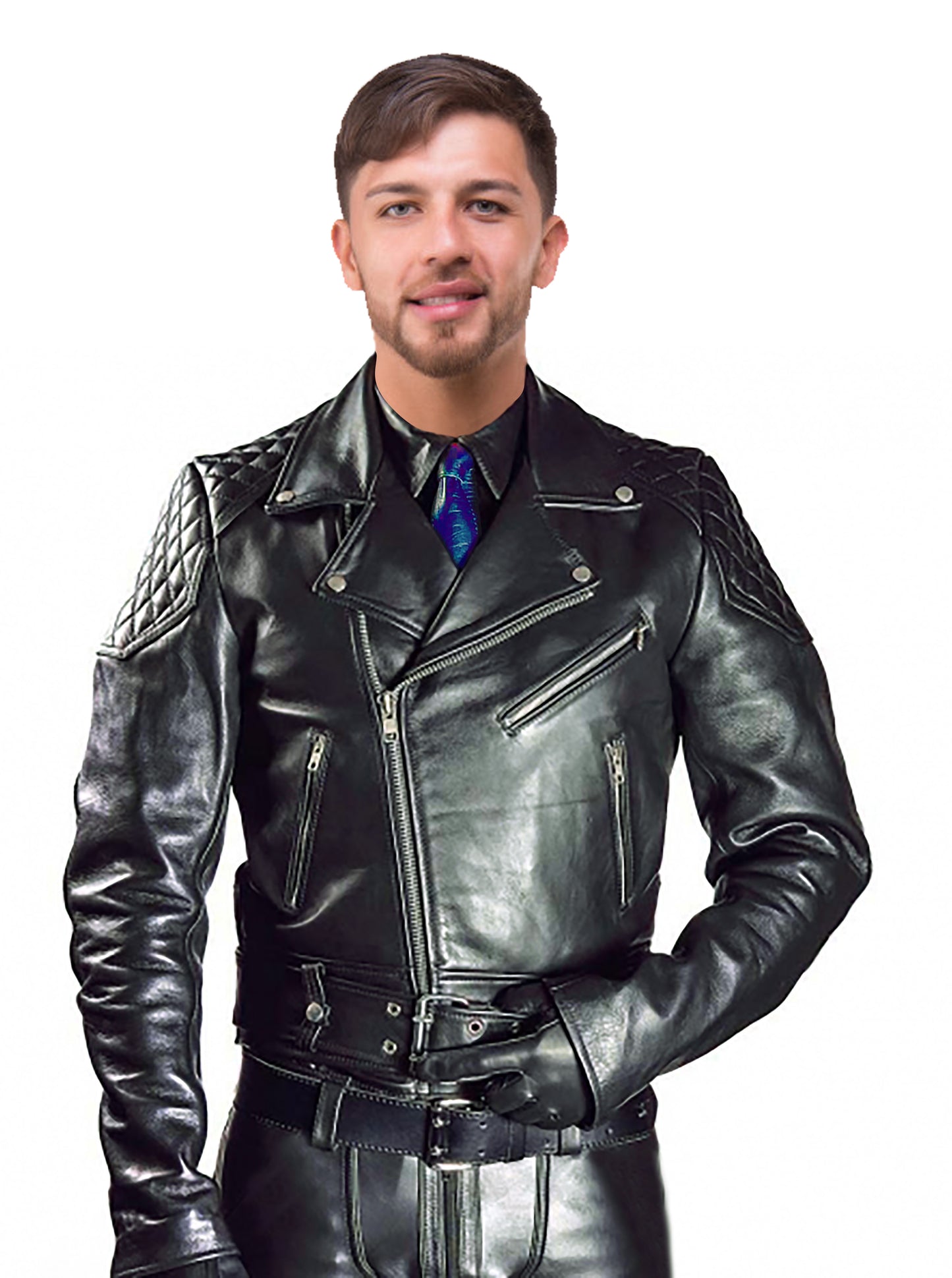 Men’s Cowhide Natural Grain Leather Motor Bike Jacket – Quilted Panels Bikers Jacket