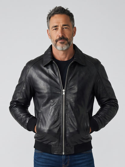 Men's Classic Black Sheep Leather Bomber Jacket