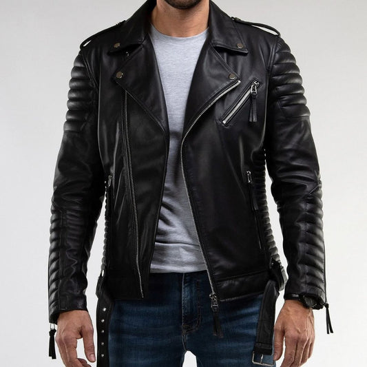 REAL LAMB LEATHER BIKERS QUILTED PANELS JACKET BRANDO JACKET