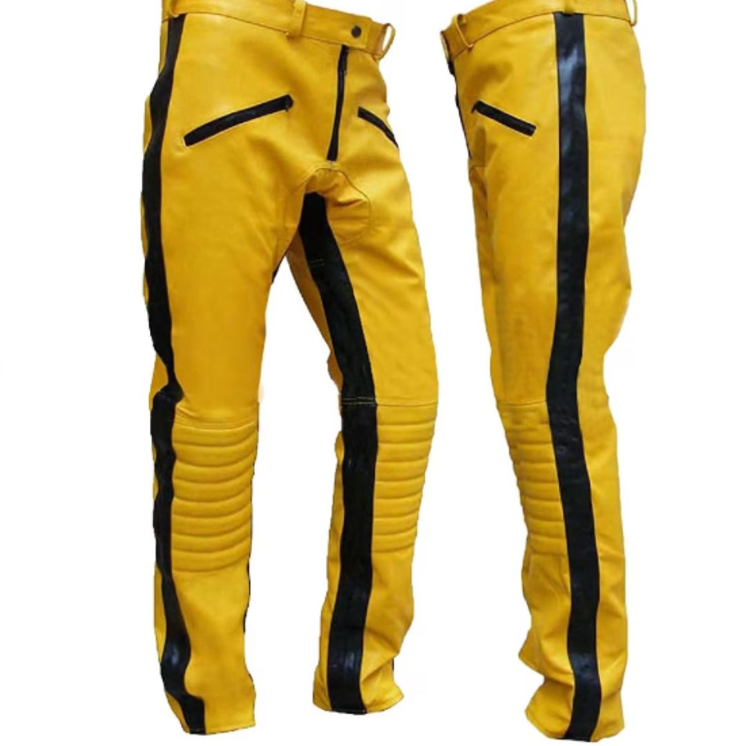 Men's Real Leather Bikers Pants Quilted Panels With Stripes & Piping
