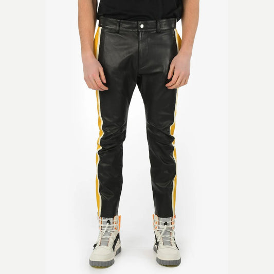 Men's Real Lamb Leather Bikers Pants With Contrast Color Panels / Bikers Trousers