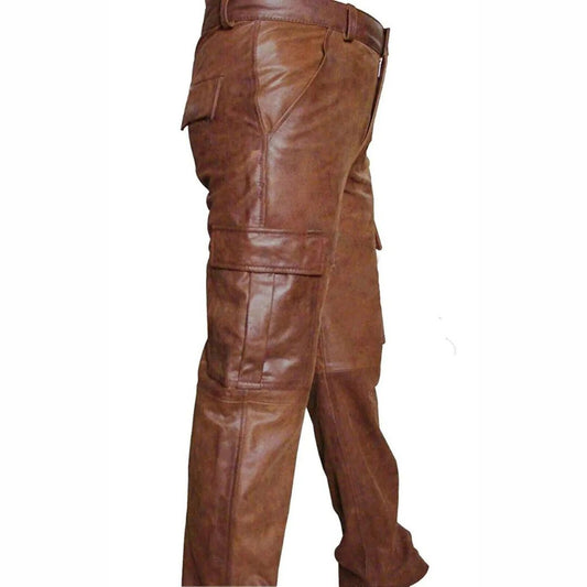Men's Real Natural Grain Cowhide Vintage Leather Cargo Pants Bikers Pants