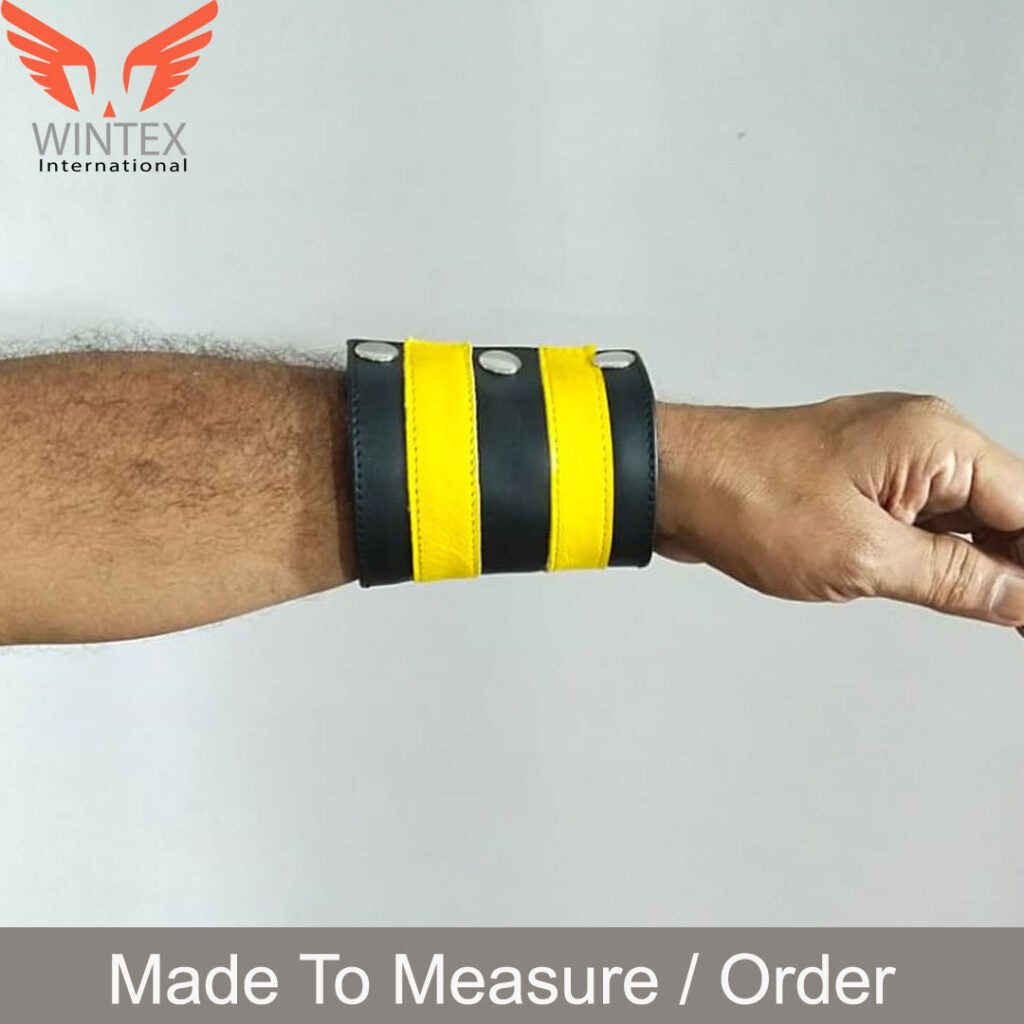 Men’s Leather Chest Harness Jockstrap Wristbands Set Multi Adjustment Fitting Yellow & Black
