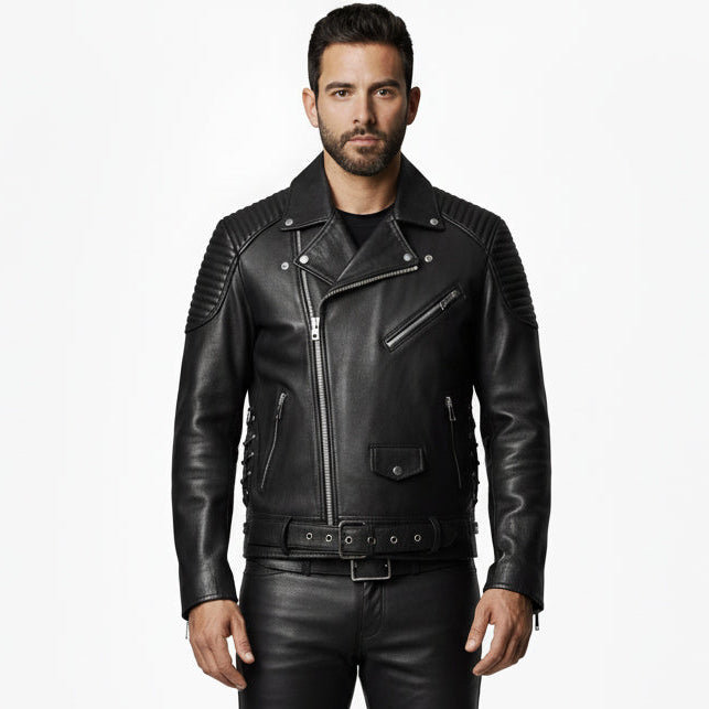 Men's Real Cowhide Leather Bikers Jacket Quilted Panels Bikers Jacket