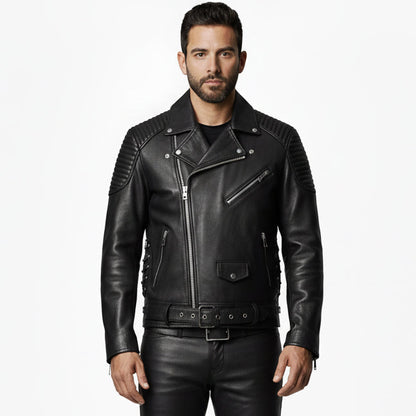 Men's Real Cowhide Leather Bikers Jacket Quilted Panels Bikers Jacket