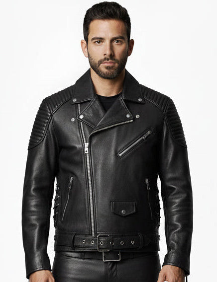 Men's Real Cowhide Leather Bikers Jacket Quilted Panels Bikers Jacket