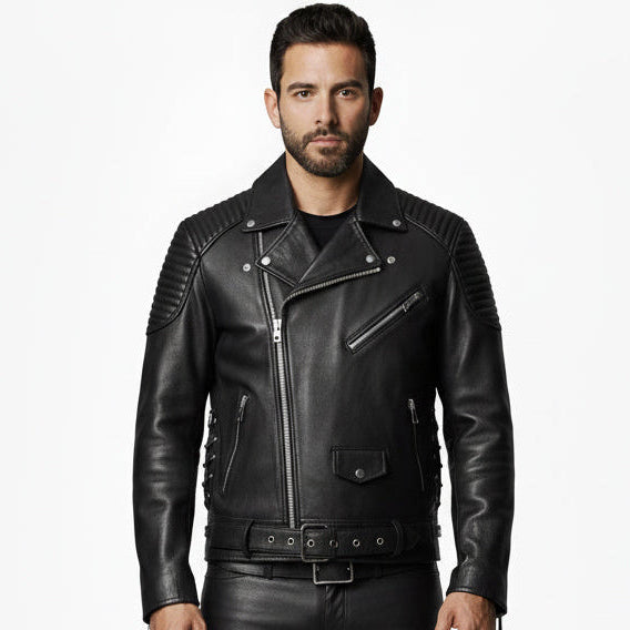Men's Real Cowhide Leather Bikers Jacket Quilted Panels Bikers Jacket