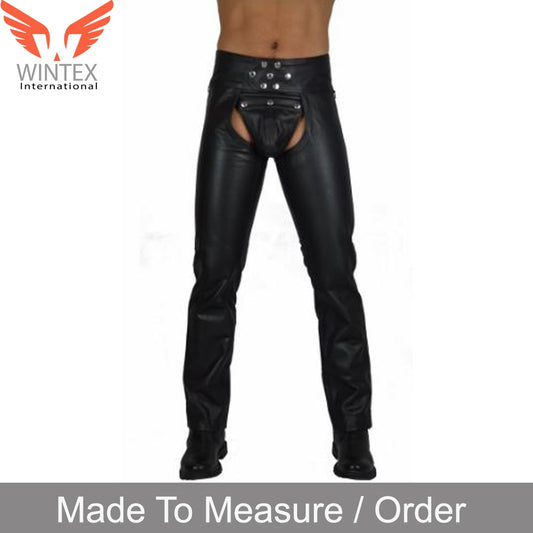 Real Leather Bikers Chaps With Detachable Codpiece Front Button Closure