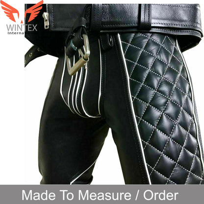 Men’s Real Leather Bikers Pants Quilted Leather Pants With Contrast Color Piping
