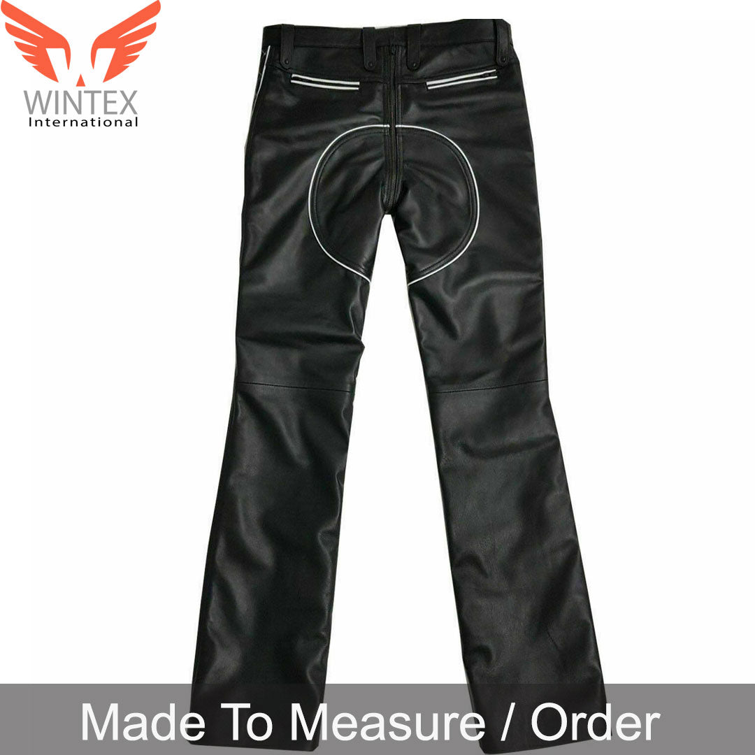 Men’s Real Leather Bikers Pants Quilted Leather Pants With Contrast Color Piping