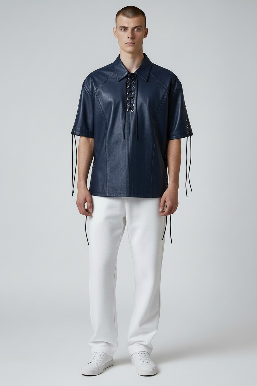 Men's Real Lamb Leather Shirt Laces Up Front,Sleeves & Slits Shirt In 7 Colors