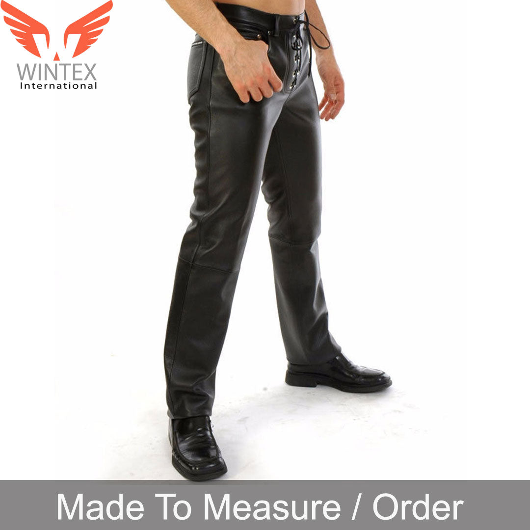 Men’s Real Cow Skin Natural Grain Leather Bikers Pants with Laces Up Front