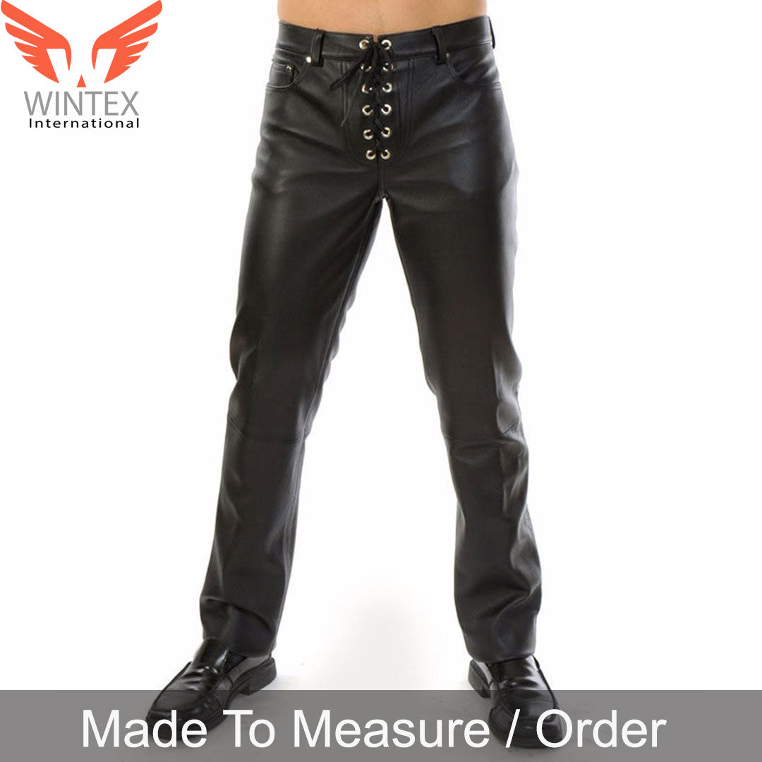 Men’s Real Cow Skin Natural Grain Leather Bikers Pants with Laces Up Front
