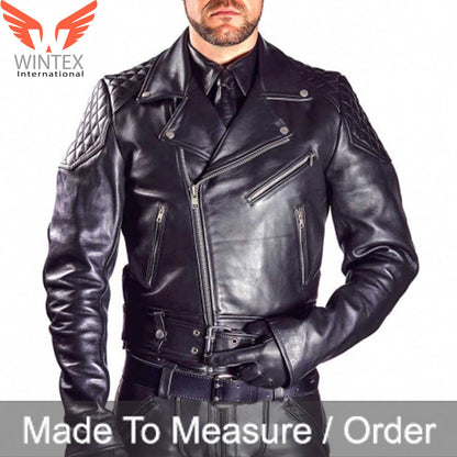 Men’s Cowhide Natural Grain Leather Motor Bike Jacket – Quilted Panels Bikers Jacket