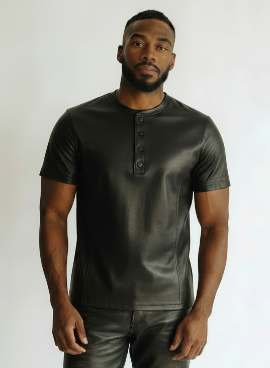 Men's Real Distressed Lamb Leather Short Sleeves Shirt