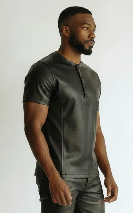 Men's Real Distressed Lamb Leather Short Sleeves Shirt