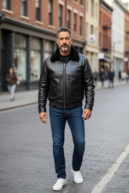 Men's Real Leather Flying Jacket Pilot /Aviator / Bomber + Detachable Fur Collar:
