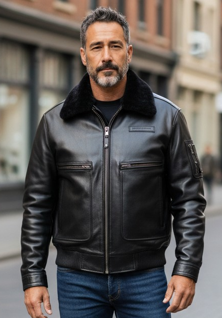 Men's Real Leather Flying Jacket Pilot /Aviator / Bomber + Detachable Fur Collar: