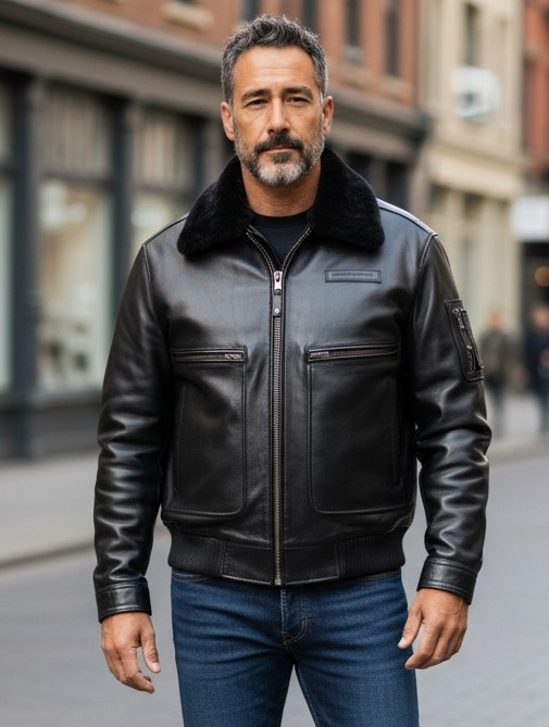 Men's Real Leather Flying Jacket Pilot /Aviator / Bomber + Detachable Fur Collar: