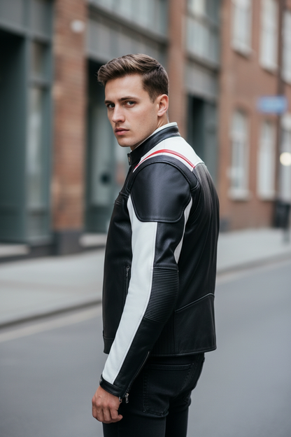 Men's Real Leather Bikers Jacket Contrast Coloured & Stretchable Panels