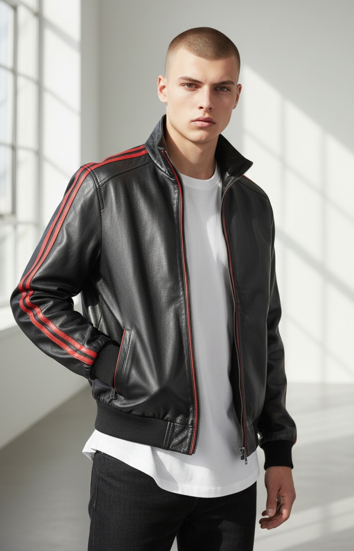 Men's Real Lamb Leather Bomber Jacket With Red Leather Stripes