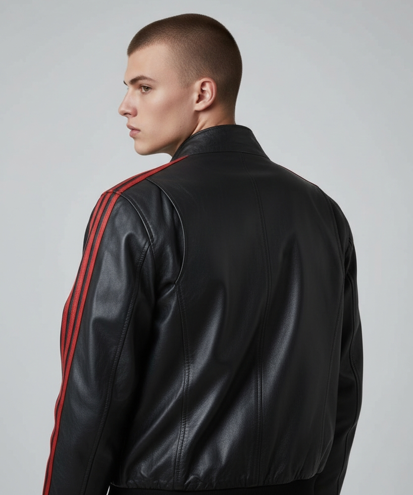 Men's Real Lamb Leather Bomber Jacket With Red Leather Stripes