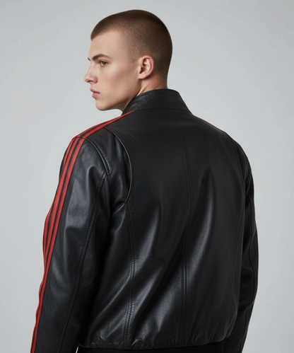 Men's Real Lamb Leather Bomber Jacket With Red Leather Stripes