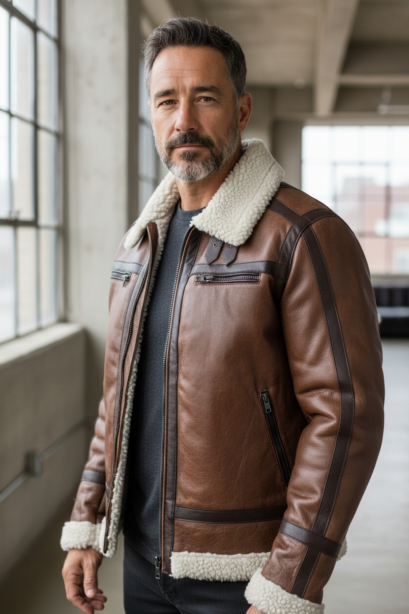 Men's Real Leather Jacket With Faux Fur Lining / Shearling Warm And Elegant Leather Jacket