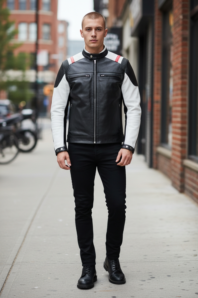Men's Real Leather Bikers Jacket Contrast Coloured & Stretchable Panels