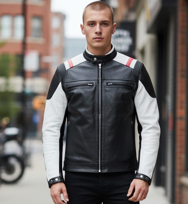 Men's Real Leather Bikers Jacket Contrast Coloured & Stretchable Panels